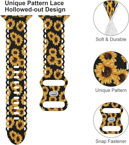 Miniatura 3 de Compatible con Apple Watch Banda de 41mm 40mm 38mm 49mm 45mm 44mm 42mm para Mujeres, Correas Deportivas de Silicona Suave con Impresiones de Girasol