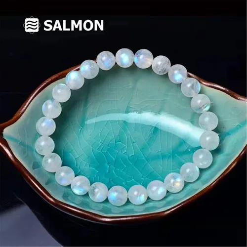 Miniatura 3 de Pulsera de mujer con cuentas redondas de cristal elástico y piedra lunar azul natural, 0.236in, AAAA