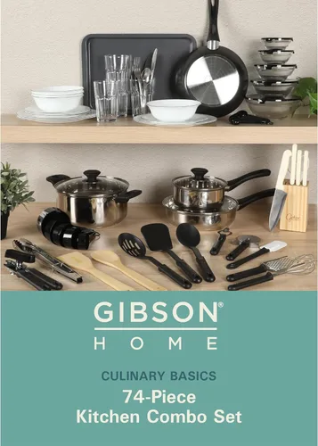 Miniatura 2 de Gibson Home Juego de Cocina de 74 Piezas en una Caja: Ollas y Sartenes, Vajilla de Platos y Cuencos, Bloque de Cuchillos y Cubertería, Cubiertos