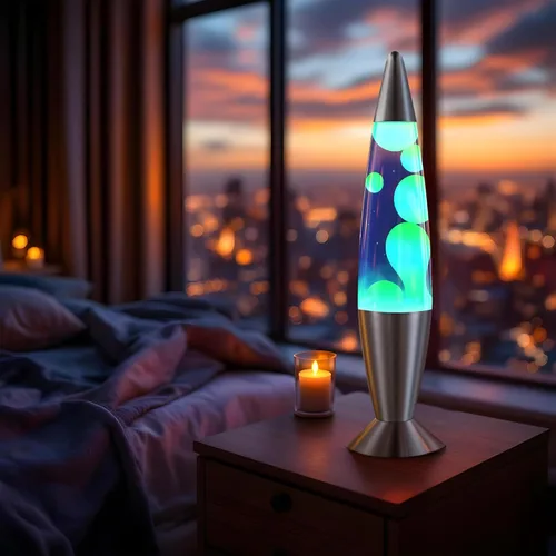 Miniatura 2 de JAMBO Hermosa lámpara de 16 pulgadas, azul con cera amarilla/verde, luz líquida relajante, luz nocturna, decoración del hogar, sala de estar