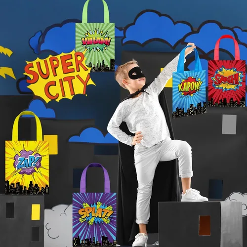 Miniatura 5 de Photect 24 bolsas de recuerdo de fiesta de héroe con temática de héroe, decoraciones de fiesta de cumpleaños, no tejidas, reutilizables, bolsa