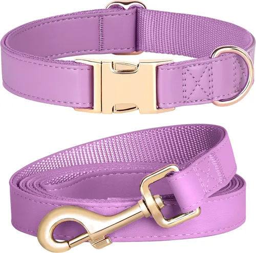 Miniatura 7 de PET ARTIST Juego de collar y correa de piel sintética suave para perro, brillante y elegante, juego de correa y collar de piel sintética de 5 pies