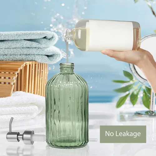 Miniatura 5 de Dispensador de jabón verde de 14 onzas para baño, paquete de 2, dispensadores de jabón de manos de vidrio transparente con bomba de acero