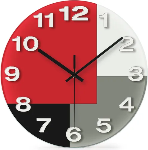 WISKALON Reloj de pared abstracto de cristal geométrico de 12 pulgadas en blanco, gris, rojo y negro, funciona con pilas, reloj de cuarzo silencioso