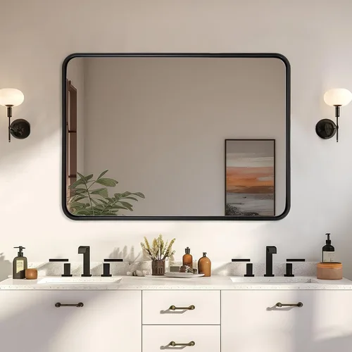 Miniatura 8 de ANDY STAR Espejo de baño negro para pared, espejos de 30 x 40 pulgadas para tocador, espejo rectangular redondeado, espejo con marco de metal negro