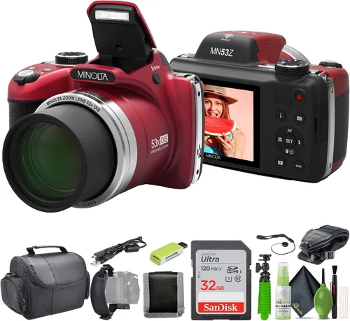Miniatura 8 de MINOLTA MN53Z 16 MP / 1080P FHD Bridge Cámara digital con zoom óptico de 53x (Rojo) Paquete con tarjeta de memoria de 32GB + Bolsa para cámara + Kit