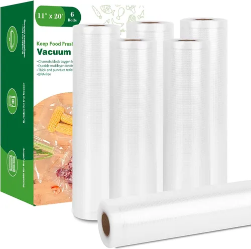 Moretoes Bolsas selladoras al vacío, 6 rollos de bolsas de vacío de 11 pulgadas x 20 pies para almacenamiento de alimentos, rollos de bolsas de