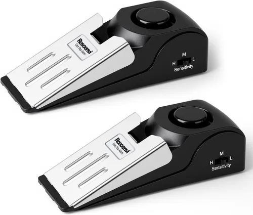 Paquete de 2 alarmas de tope de puerta, tope de puerta con alarma de seguridad de 120 DB, sirena de tope de puerta de cuña de piso, dispositivos de
