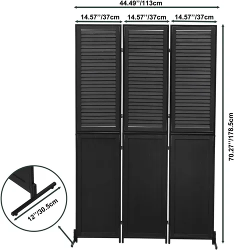 Miniatura 6 de Divisor de habitación de 3 paneles de 6 pies de alto, pantalla de privacidad plegable de madera negra, partición de habitación independiente