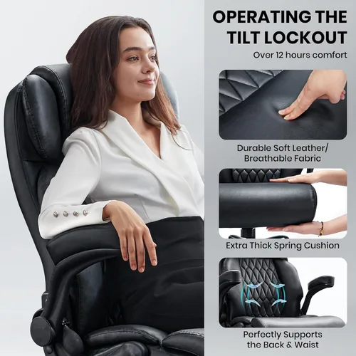 Miniatura 7 de Silla de oficina grande y alta de 500 libras, soporte lumbar ajustable para dolor de espalda, asiento extra ancho, silla de oficina ejecutiva, Negro