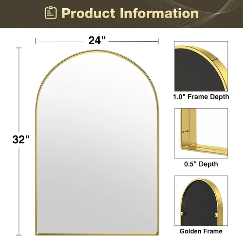 Miniatura 7 de Brightify - Espejo arqueado dorado de 24 x 32 pulgadas, espejo de pared con marco de metal de latón para baño, espejo arqueado superior para tocador