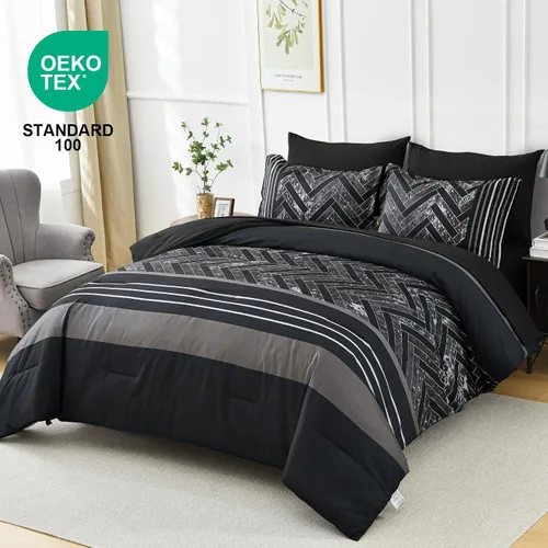 Miniatura 2 de Luxudecor Juego de Edredón Negro Tamaño King, 7 Piezas Cama en una Bolsa de Rayas Geométricas, Juego de Edredón Geométrico y Sábanas, Juego Completo