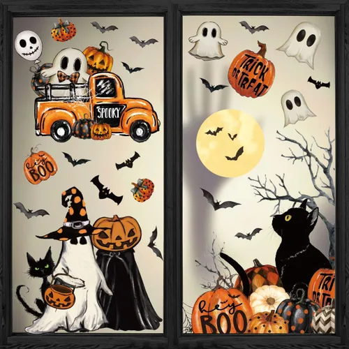 Horaldaily 40 calcomanías de Halloween para ventana, Jack-O-Lantern, calabaza, camión, gnomo, fantasma, murciélagos, gatos, suministros de fiesta en