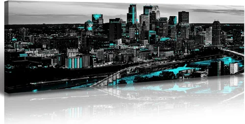 Miniatura 17 de JiazuGo Phoenix Skyline Arte de Pared en Lienzo - Paisaje Urbano de Arizona Enmarcado (14x48 Pulgadas) Negro y Blanco con Amarillo, Decoración