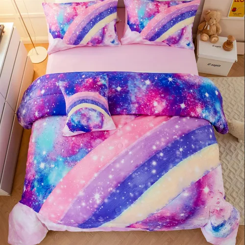 Miniatura 2 de ANGIYUIN Juego de ropa de cama de 6 piezas rosa tamaño completo en una bolsa para niñas, juego de edredón 3D de color arcoíris con ataduras, ropa
