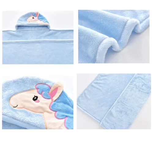 Miniatura 4 de TONWHAR Manta con capucha de cara de animal para bebés y niños de 0 a 4 años, manta de felpa para después del baño (caballo azul)