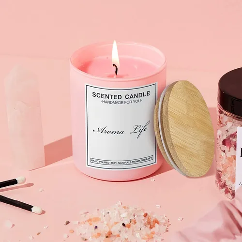 Miniatura 5 de Creahaus Paquete de 16 tarros de vela gruesos de 10 onzas con tapas de bambú para hacer velas, recipientes de vela de vidrio vacío rosa a granel