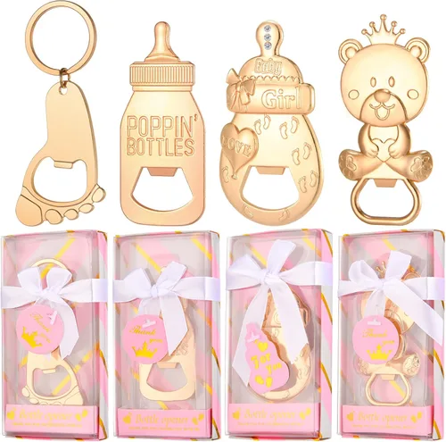 Miniatura 10 de Abrebotellas de bebé, 24 piezas, llavero con huella de oso y niño, abrebotellas con caja de regalo azul, recuerdos de fiesta de baby shower