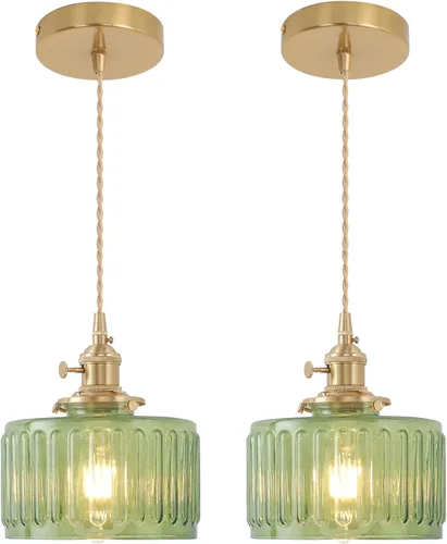 Miniatura 27 de Shenmoyl Lámpara colgante con pantalla de vidrio transparente a rayas, luz colgante vintage de latón, luz colgante ajustable para cocina, isla