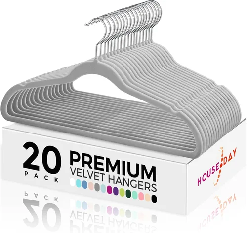 Miniatura 20 de HOUSE DAY - Perchas de terciopelo premium, paquete de 50 perchas azules, antideslizantes, con fieltro aterciopelado, percha resistente con gancho