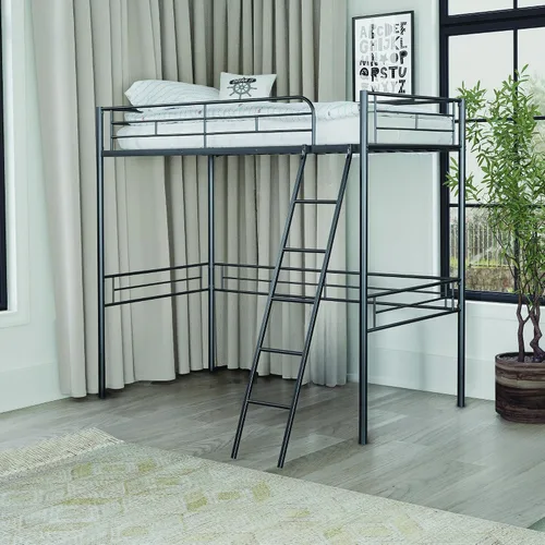 Furniture of America Citing - Cama tipo loft de metal industrial con escalera en ángulo adjunta y barandillas de seguridad, no requiere somier para