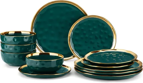 Miniatura 12 de LOVECASA Juego de 12 piezas de platos y cuencos, vajilla de porcelana negra y dorada, platos de cena redondos, juego de vajilla para 4 personas