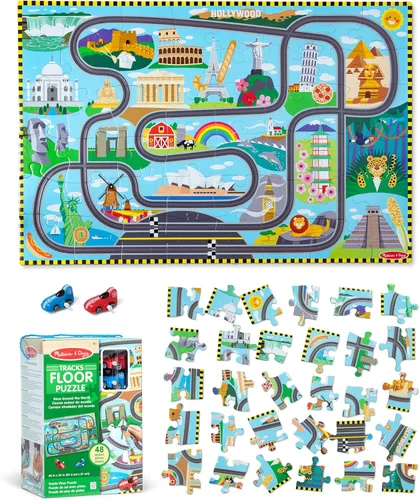 Melissa & Doug Race Around The World Tracks - Rompecabezas de suelo de cartón y vehículos de cuerda (48 piezas) para preescolares y niños de 4+ años
