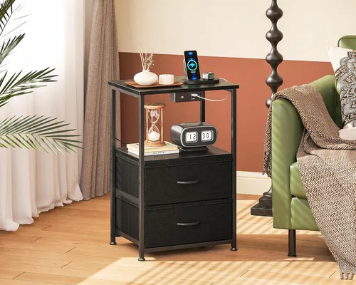 Miniatura 2 de Casaottima Mesita de noche con estación de carga y luces LED, mesa auxiliar para dormitorio con 2 cajones de tela, pequeña mesita de noche con Negro