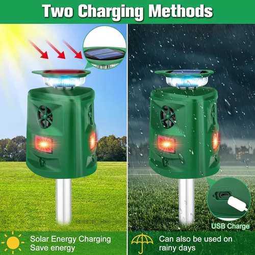 Miniatura 4 de Repelente solar ultrasónico de ciervos de ardilla, repelente de gatos al aire libre, repelente solar de animales de 360 ° con detección