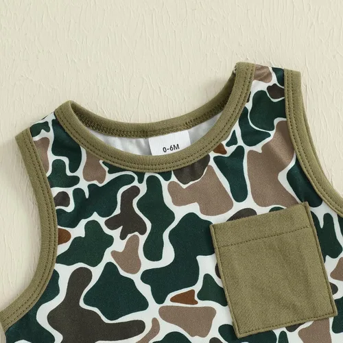 Miniatura 30 de Ropa de bebé niño sin mangas + pantalones cortos con estampado a rayas con bolsillos, 2 piezas de trajes de verano