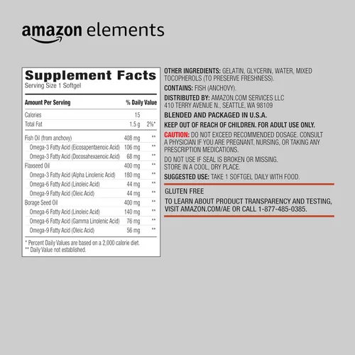 Miniatura 2 de Amazon Elements Omega 3-6-9 Complejo de pescado, linaza y aceite de borraja - Ácidos grasos omega-3 EPA y DHA - 60 cápsulas blandas, suministro