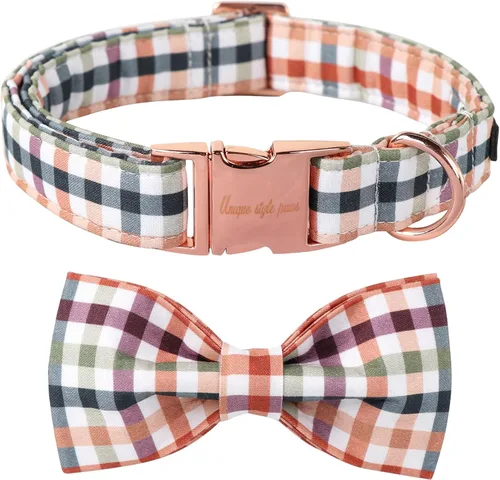 Collar de perro de algodón con lazo floral a cuadros de Unique Style Paws, collar de perro colorido con lazo para perros pequeños, medianos y Plaid