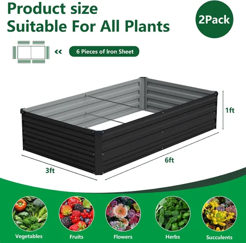 Miniatura 2 de Vengarus Kit de cama de jardín galvanizado elevado de 6 x 3 x 1 pies (paquete de 2), maceta de metal para exteriores, contenedor rectangular de Negro