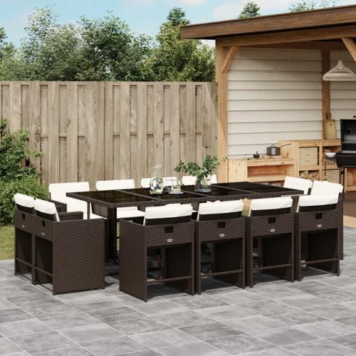 Miniatura 11 de 17-Piece Brown Poly Rattan Patio Dining Set with Cream White Cushions, Foldable Chairs and Tempered Glass Table for Outdoor Garden Backyard Patio