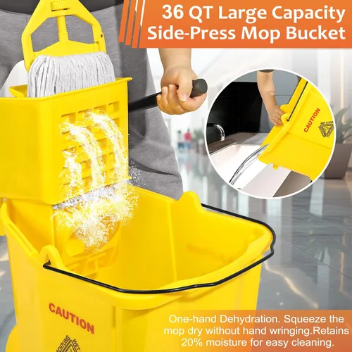 Miniatura 4 de Cubo comercial de 38 cuartos de galón con escurridor de prensa lateral sobre ruedas, juego industrial amarillo para limpieza de pisos, incluye 1