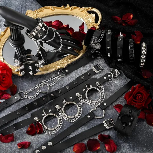 Miniatura 6 de Cunno Juego de 13 pulseras de collar gótico de estilo steampunk para Halloween, estilo steampunk, collar gótico, gargantilla para mujer, ajustable