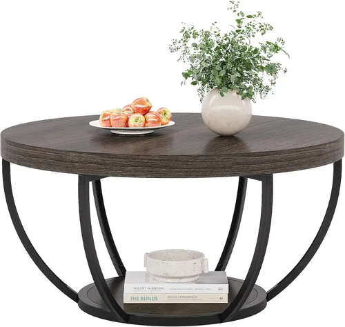 Miniatura 9 de Tribesigns Mesa de Centro Redonda, 31.7" Mesa de Centro Circular de Madera de 2 Niveles con Estantes de Almacenamiento, Mesa de Cóctel de Acento