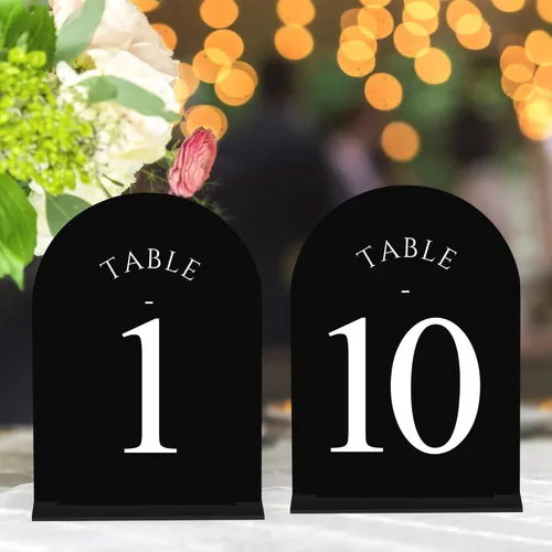 JOYIT Números de Mesa de Boda en Arco 1-10 con Soportes – Letreros Acrílicos Impresos por Ambos Lados de 5" X 7" con Fondo Negro y Texto Blanco,