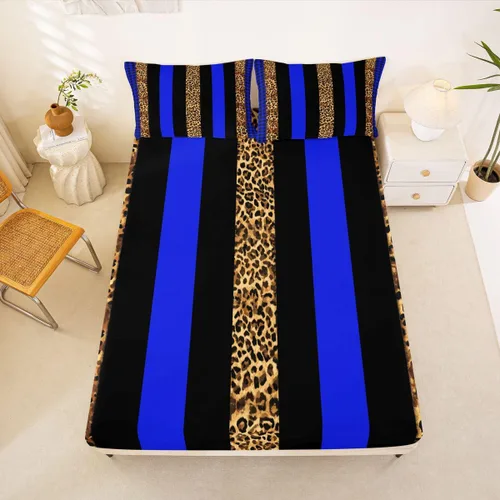 Miniatura 4 de Manfei Leopard Print Fitted Sheet Twin Size,Blue Brown Black Stripes Bedding Set 2pcs,Wild Animal Cheetah Skin Bed Sheets with 1 Pillowcase,Kids