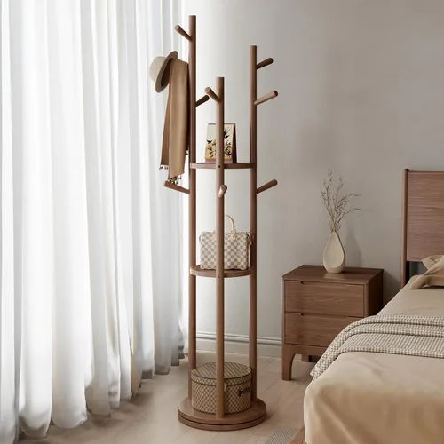 Miniatura 2 de Muwuele Perchero giratorio de madera maciza, perchero independiente con 3 estantes y 9 ganchos, perchero para dormitorio, entrada, sala de estar