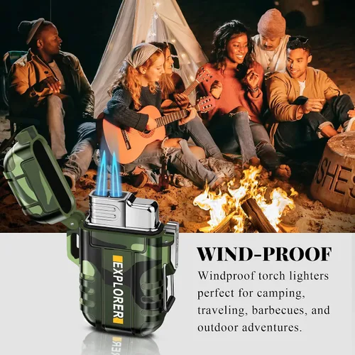 Miniatura 7 de SAMNIU Encendedor de antorcha, doble llama de chorro, impermeable, resistente al viento, encendedores de gas butano recargables para supervivencia