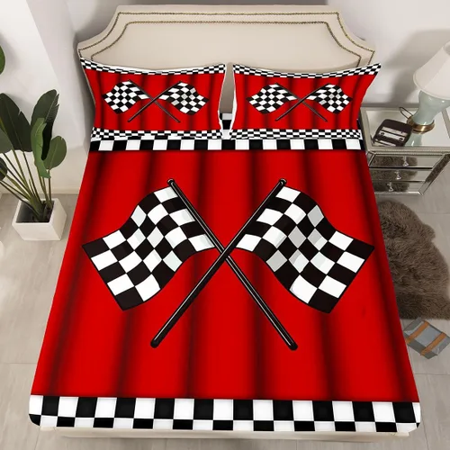 Erosebridal Sábana bajera ajustable individual de bandera de coche de carreras para niños, sábanas de bandera de cuadrícula de búfalo blanco y