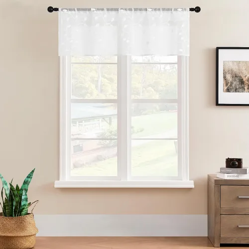 Miniatura 11 de MRTREES Cenefa de cortina transparente de Navidad, 2 paneles de cortinas bordadas con hojas pequeñas de 54 x 16 pulgadas, bolsillo para barra