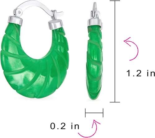 Miniatura 4 de Aretes de aro de jade verde claro con piedras preciosas auténticas, redondas, de bambú, para mujer, chapado en oro de 14 quilates, plata de ley .925