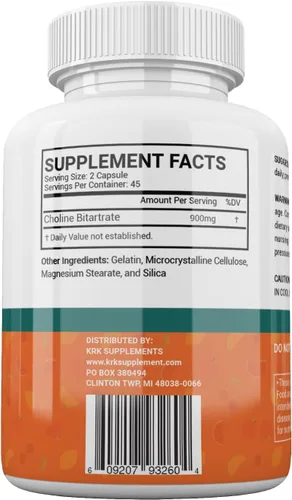 Miniatura 7 de Bitartrato de colina 900 mg por porción 90 cápsulas KRK SUPPLEMENTS