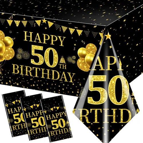 Paquete de 3 manteles rectangulares de plástico para cumpleaños n.° 50, color negro y dorado, 42.5 x 70.8 pulgadas, decoración de feliz cumpleaños