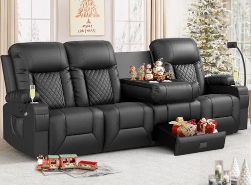 Miniatura 22 de FURNIMAT Sofá reclinable, sofá reclinable doble de 3 asientos, sofá biplaza de piel sintética, moderna silla reclinable para sala de estar, con Negro