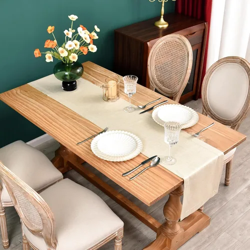 Miniatura 2 de NEWISHER Camino de mesa rústico de lino sintético con borde de vainica, decoración de mesa rectangular beige sólido para comedor, mesa auxiliar