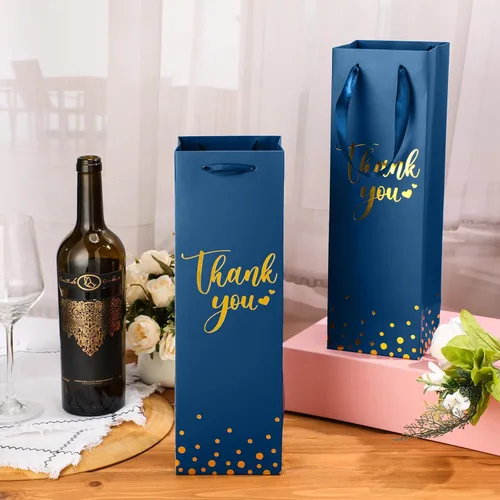 Miniatura 2 de Ctosree 30 bolsas de regalo para botellas de vino con asa de 4.3 x 3.5 x 13.7 pulgadas, bolsa de papel de licor para agradecimiento, papel de azul