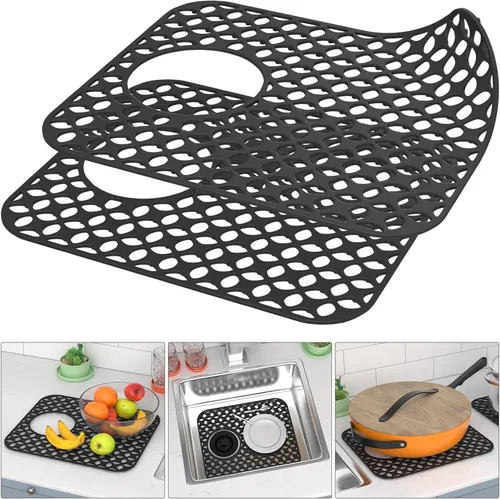 TOOVEM Tapetes para Fregadero de Cocina, 2 Piezas Tapetes Protectores de Fregadero de Silicona Antideslizantes Resistentes al Calor, Plegables para